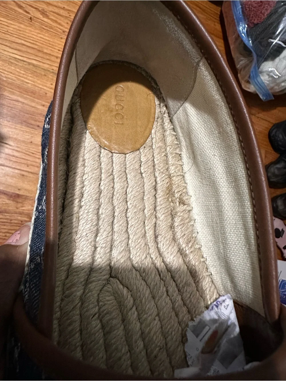 Gucci Blue Denim Monogram Espadrille Loafers with Brown Trim
